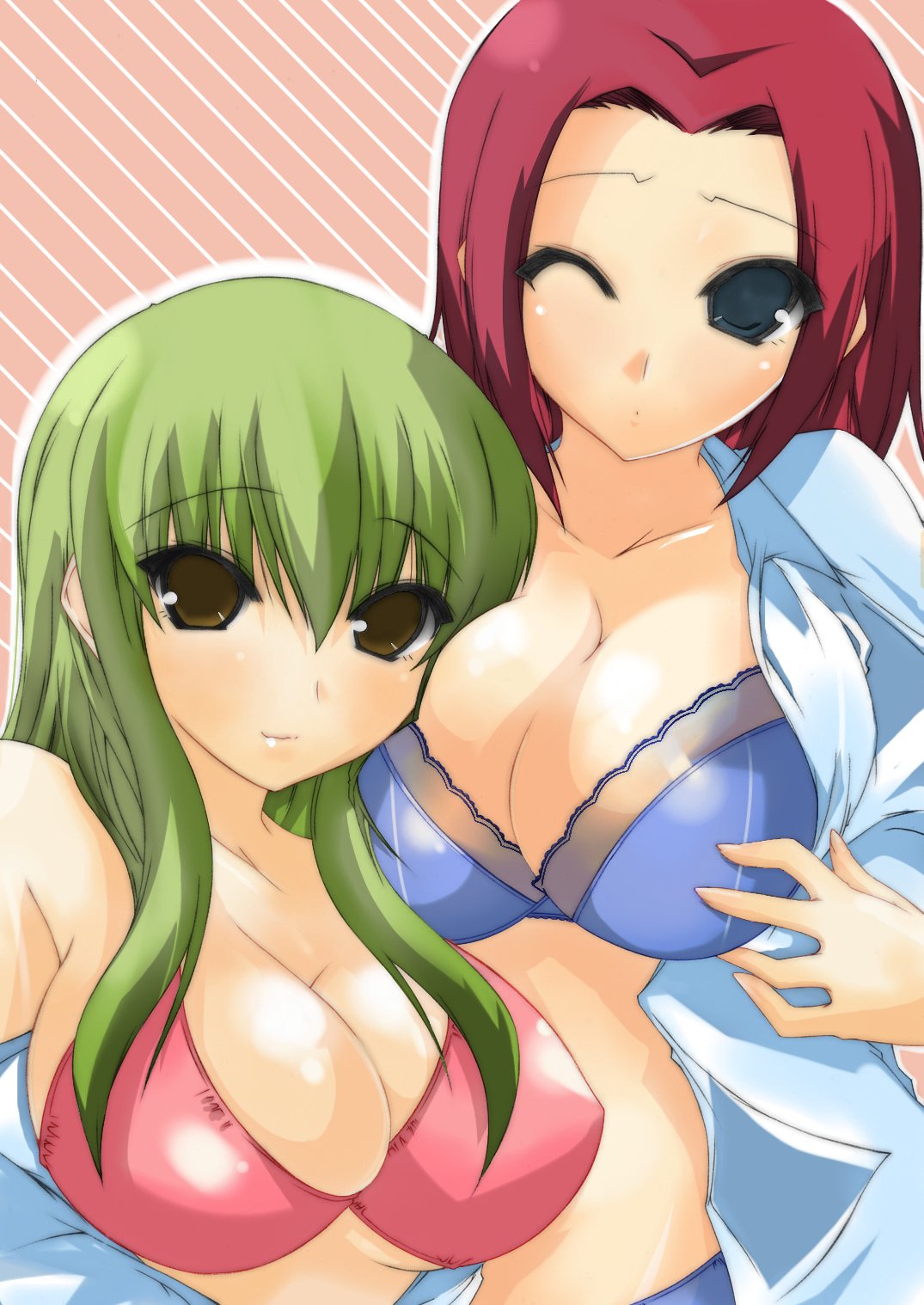 suzumiya botan, c.c., kouzuki kallen, suzumiya, code geass, bad id, bad pixiv id, highres, 00s, 2girls, blue eyes, blush, bra, breasts, cleavage, green hair, huge breasts, lingerie, long hair, multiple girls, one eye closed, red hair, short hair, underwear, wink, yellow eyes