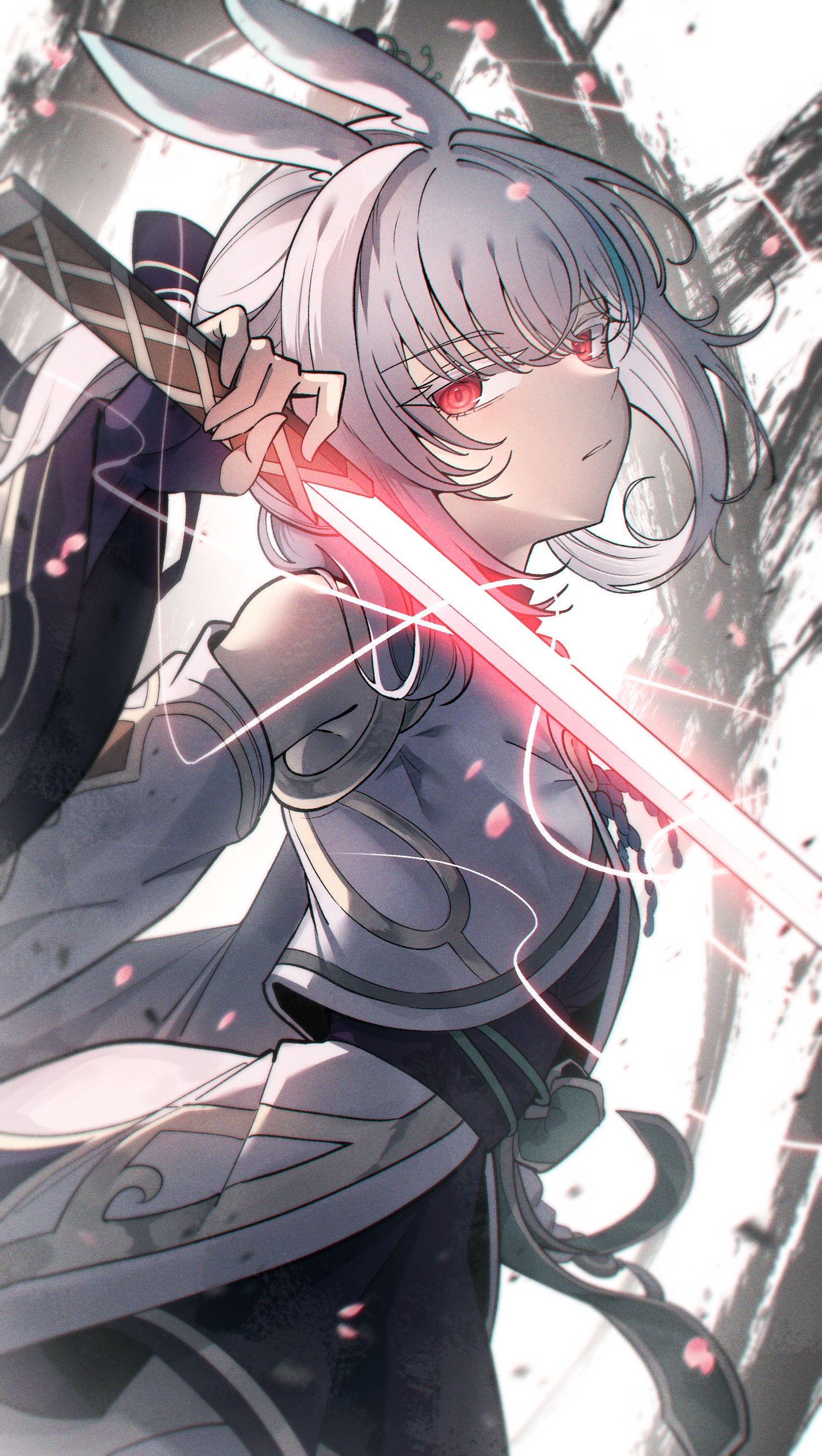 layer (layer illust), len (maplestory), maplestory, absurdres, highres, 1girl, animal ears, armpit crease, bare shoulders, black bow, black gloves, black skirt, blue hair, blue streaks, bow, breasts, colored eyelashes, cowboy shot, crossed bangs, detached sleeves, facing to the side, fingerless gloves, gloves, hair between eyes, hair bow, hair intakes, holding, holding sword, holding weapon, looking at viewer, medium hair, multicolored hair, parted lips, ponytail, rabbit ears, rabbit girl, red eyes, shirt, skirt, small breasts, solo, streaked hair, sword, weapon, white background, white eyelashes, white hair, white shirt