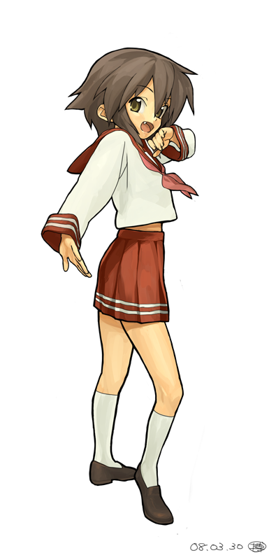 hakuto (artist), hiro (dismaless), kusakabe misao, lucky star, 00s, 1girl, :d, arm up, brown hair, brown shoes, female focus, from side, full body, green eyes, kneehighs, loafers, long sleeves, looking at viewer, looking to the side, neckerchief, open mouth, outstretched arm, pink neckerchief, pleated skirt, red skirt, school uniform, serafuku, shoes, short hair, simple background, skirt, smile, socks, solo, standing, white background, white socks