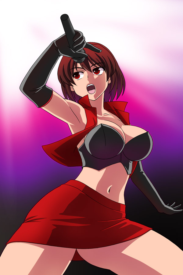 tofu juuji, meiko (vocaloid), vocaloid, 1girl, breasts, elbow gloves, female focus, gloves, gradient background, microphone, solo