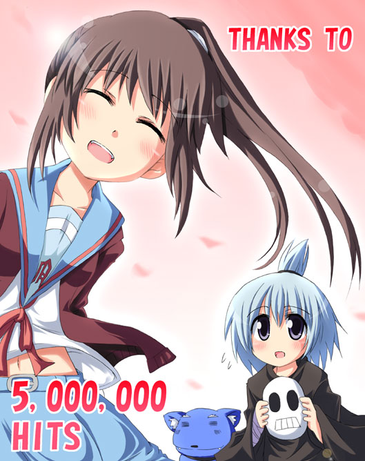 k hiro, kyon, kyonko, suzumiya haruhi no yuuutsu, silver hair, gender request, 00s, 2girls, :d, :o, ^ ^, brown hair, closed eyes, collarbone, genderswap, milestone celebration, multiple girls, open mouth, pink background, ponytail, sailor collar, school uniform, serafuku, short hair, simple background, smile, upper body