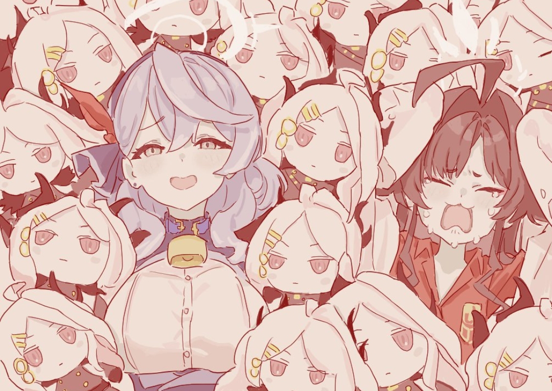 ako (blue archive), hina (blue archive), kasumi (blue archive), blue archive, ahoge, arms up, bell, black hair, blue hair, breasts, crying, crying kasumi (blue archive) (meme), fumo (doll), hair ornament, hair ribbon, hairband, hairclip, halo, long coat, ribbon, shirt, sideboob, sleeves past wrists
