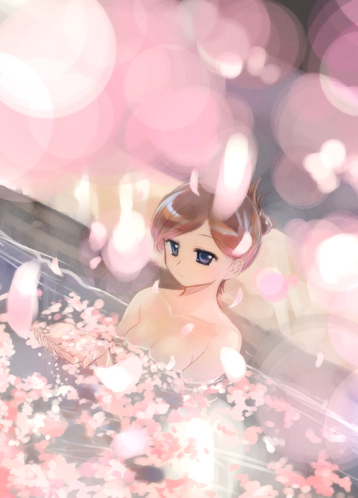 ikeda jun (mizutamari), original, 1girl, bath, blurry, bokeh, cherry blossoms, depth of field, female focus, nude, petals, solo, water