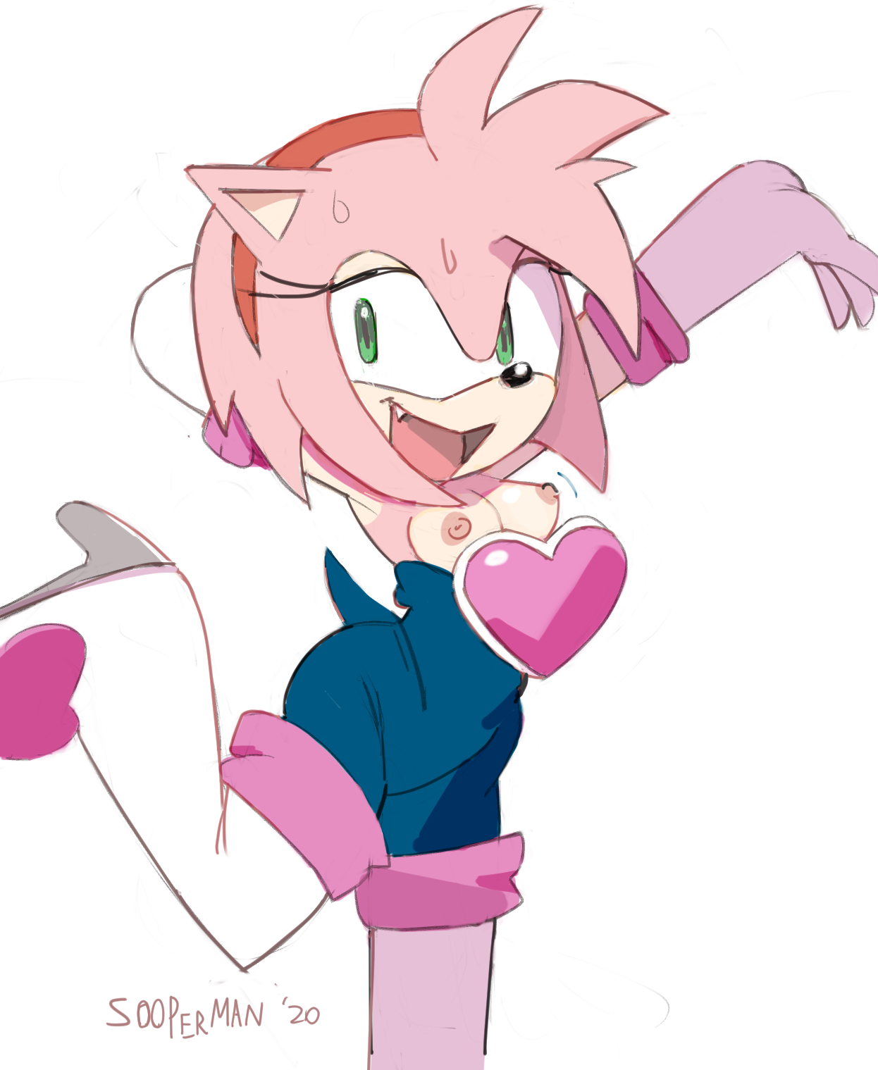 sooperman, amy rose, sonic (series), female, 2020, 2020s, amy the bat, breasts, breasts out, elbow gloves, fang, gloves, pink fur, pink hair, png, rouge the bat (cosplay), small breasts