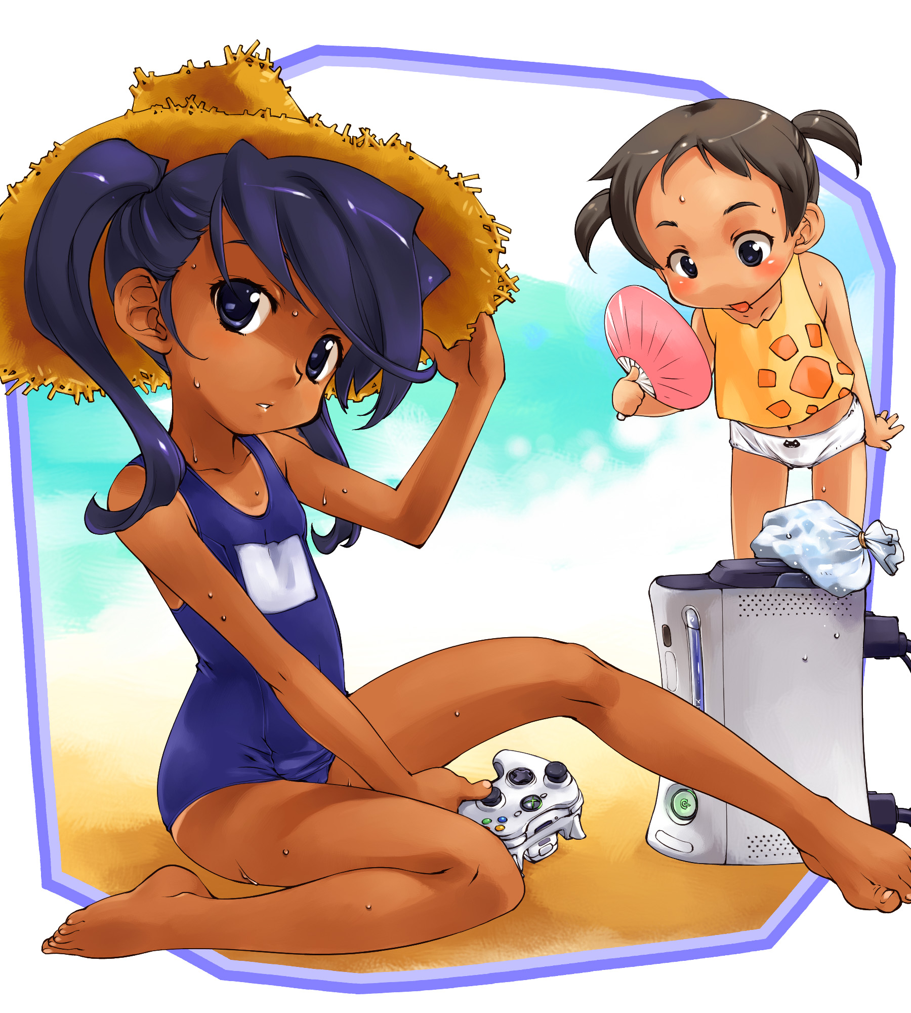 myuratch, eyebrows, highres, 2girls, barefoot, black eyes, black hair, blue eyes, blue hair, blush, controller, dark-skinned female, dark skin, dripping, game console, game controller, hand fan, hand on headwear, hat, head tilt, hot, ice pack, loli, looking at viewer, multiple girls, no pants, one-piece swimsuit, one-piece tan, panties, paper fan, parted lips, school swimsuit, short twintails, straw hat, sweat, swimsuit, tan, tank top, tanline, toes, twintails, uchiwa, underwear, xbox 360