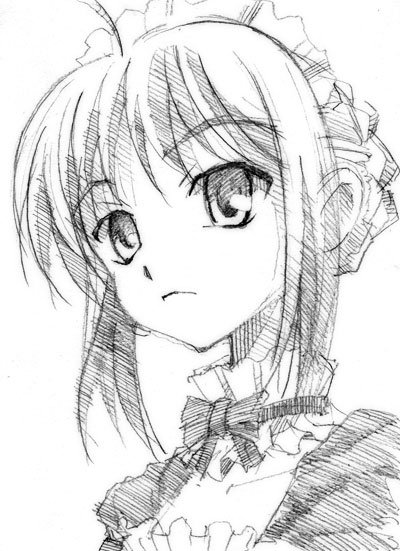 gofu, artoria pendragon (fate), saber (fate), fate/stay night, fate (series), traditional media, 00s, greyscale, monochrome, official alternate costume, sketch