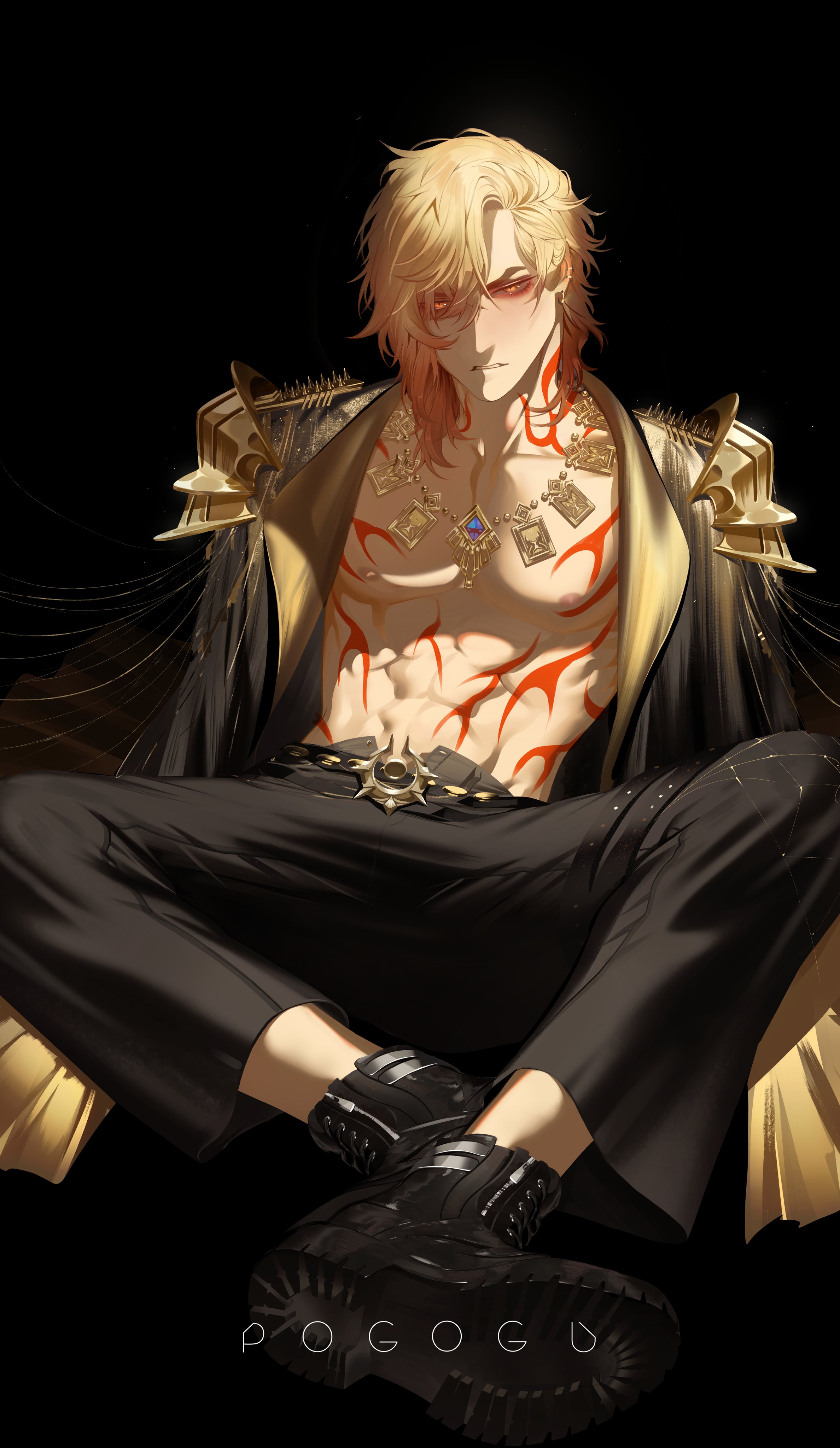 pogogu, mydei (honkai: star rail), honkai: star rail, honkai (series), absurdres, hashtag-only commentary, highres, 1boy, abs, alternate costume, alternate hairstyle, armor, artist name, black background, black pants, blonde hair, collarbone, full body, male focus, medium hair, nipples, orange hair, pants, pectorals, shoe soles, shoulder armor, simple background, sitting, solo