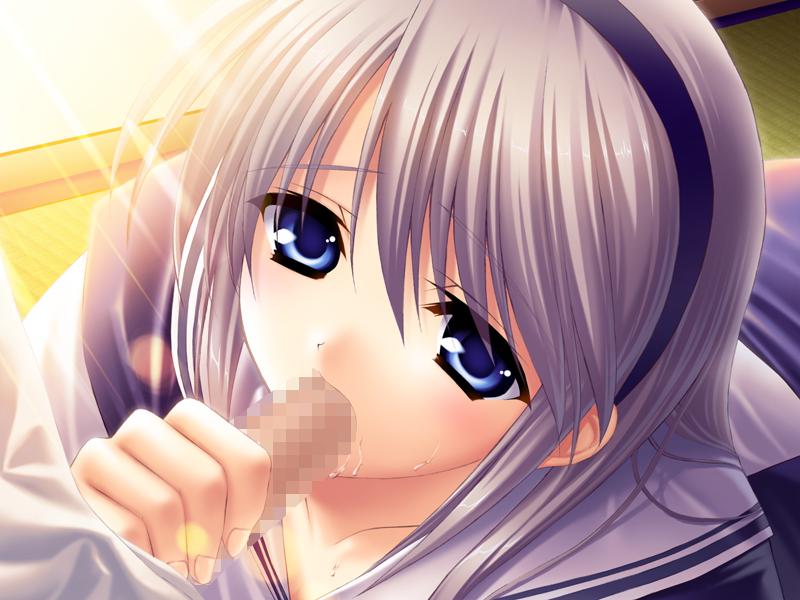 fumio (ura fmo), sakagami tomoyo, clannad, tomoyo after, game cg, jpeg artifacts, 00s, 1boy, 1girl, blue eyes, censored, fellatio, hairband, hetero, looking at viewer, mosaic censoring, oral, penis, purple hair, solo focus