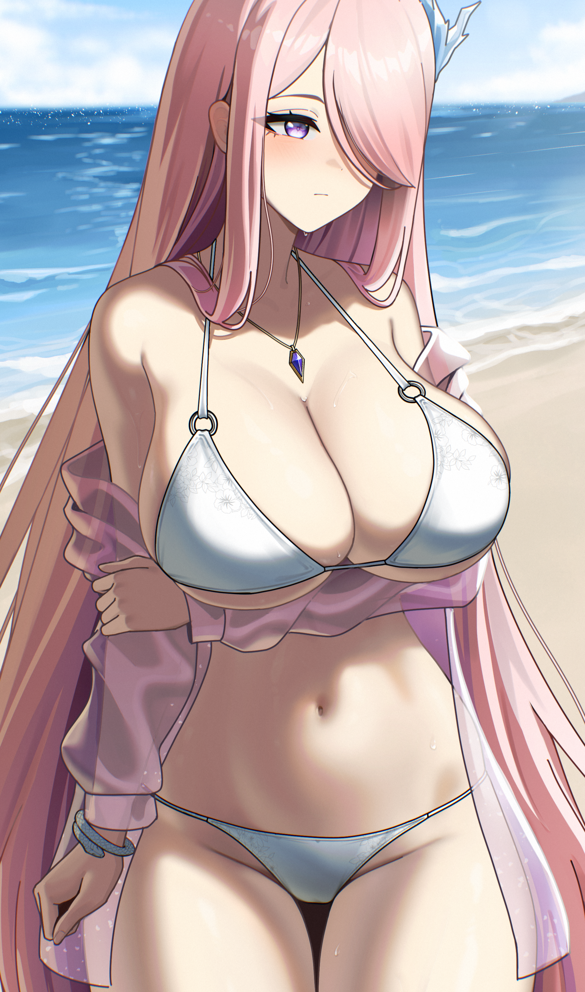 sww097, original, absurdres, commentary, commission, highres, symbol-only commentary, 1girl, arm under breasts, bare shoulders, beach, bikini, blue sky, blush, breasts, cleavage, closed mouth, cloud, collarbone, day, gem, groin, hair between eyes, hair ornament, hair over one eye, holding own arm, jewelry, large breasts, long hair, looking ahead, navel, o-ring, o-ring top, ocean, off shoulder, outdoors, pendant, pink hair, purple eyes, purple gemstone, see-through clothes, sidelocks, sky, snake bracelet, solo, standing, stomach, string bikini, swimsuit, swimsuit cover-up, thighs, very long hair, wet, white bikini