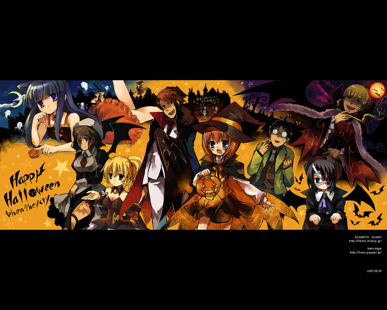 hanokage, suzushiro kurumi, beatrice (umineko), frederica bernkastel, kanon (umineko), ronoue genji, shannon (umineko), ushiromiya battler, ushiromiya george, ushiromiya jessica, ushiromiya kinzou, ushiromiya kyrie, ushiromiya maria, ushiromiya rosa, ushiromiya rudolf, 07th expansion, higurashi no naku koro ni, no naku koro ni (series), umineko no naku koro ni, silver hair, 00s, 3boys, 5girls, angel mort, animal ears, black hair, blonde hair, blue eyes, blue hair, breasts, brown eyes, brown hair, bubble skirt, cape, cat ears, copyright name, detached collar, dress, frills, ghost, glasses, halloween, happy halloween, hat, holding, holding smoking pipe, in-franchise crossover, jack-o'-lantern, jacket, kiseru, medium breasts, moon, multiple boys, multiple girls, necktie, orange dress, orange hair, ponytail, pumpkin, purple eyes, red eyes, ribbon, skirt, smoking pipe, vampire