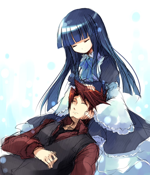 suzushiro kurumi, frederica bernkastel, ushiromiya battler, umineko no naku koro ni, 00s, 1boy, 1girl, ^ ^, armor, black hair, blush, brown hair, closed eyes, hand on own chest, lap pillow, long sleeves, lying, on back, sitting, sleeping, smile, upper body