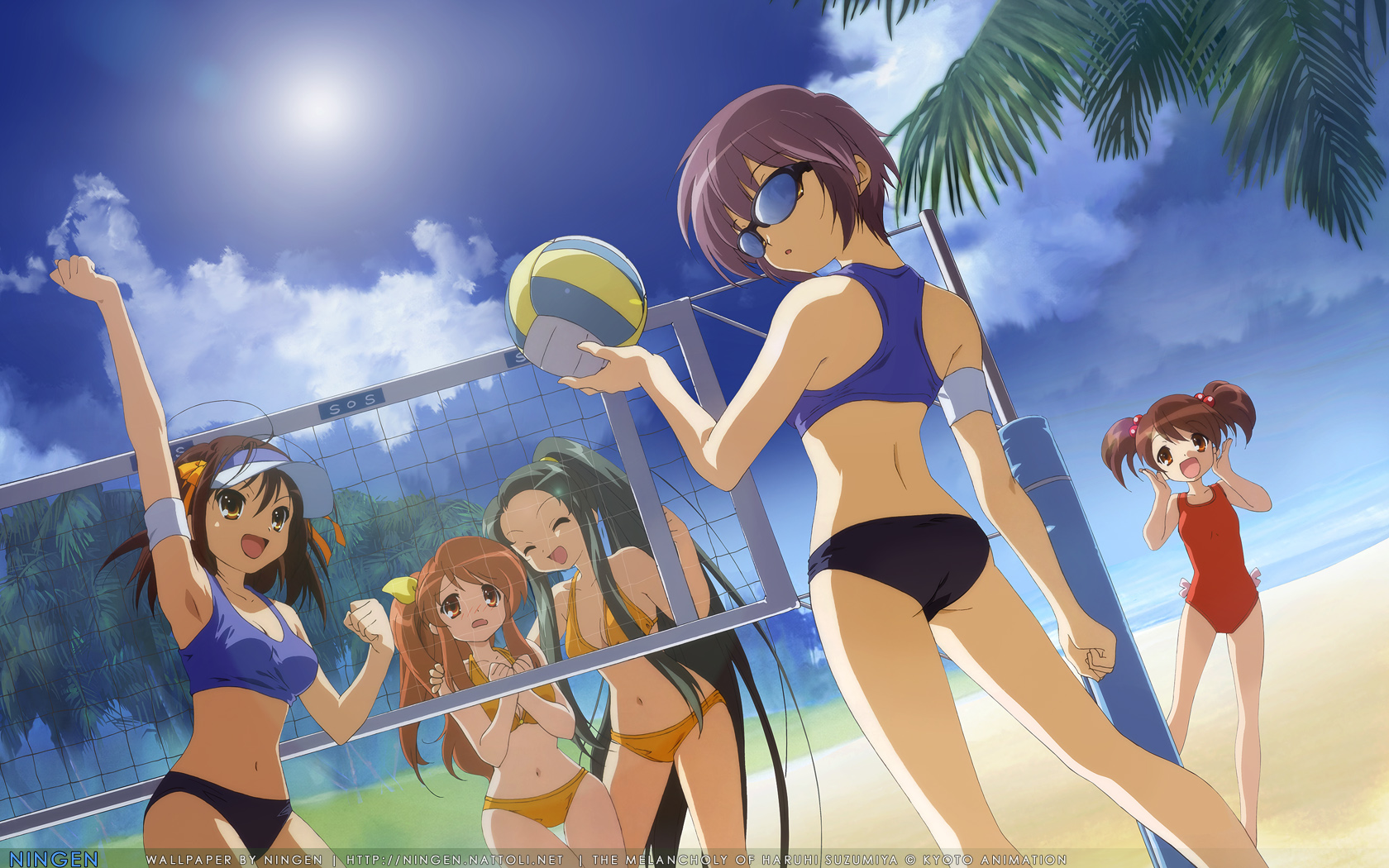 ikeda shouko, asahina mikuru, kyon no imouto, nagato yuki, suzumiya haruhi, tsuruya, suzumiya haruhi no yuuutsu, highres, official art, official wallpaper, 00s, 5girls, ^ ^, armpits, ass, back, ball, beach, beach volleyball, bikini, closed eyes, day, long hair, looking back, multiple girls, navel, ocean, outdoors, ponytail, sky, sports bra, sun, sunglasses, swimsuit, thigh gap, very long hair, visor cap, volleyball, volleyball (object)