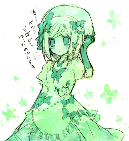 suzushiro kurumi, lambdadelta, umineko no naku koro ni, lowres, translated, 00s, 1girl, arm up, blush, bow, bowtie, cowboy shot, dress, elbow gloves, female focus, frilled dress, frills, gloves, green theme, hand on headwear, hat, hat bow, hat ribbon, looking at viewer, monochrome, puffy short sleeves, puffy sleeves, pumpkin, ribbon, short hair, short sleeves, simple background, sketch, solo, tareme, white background
