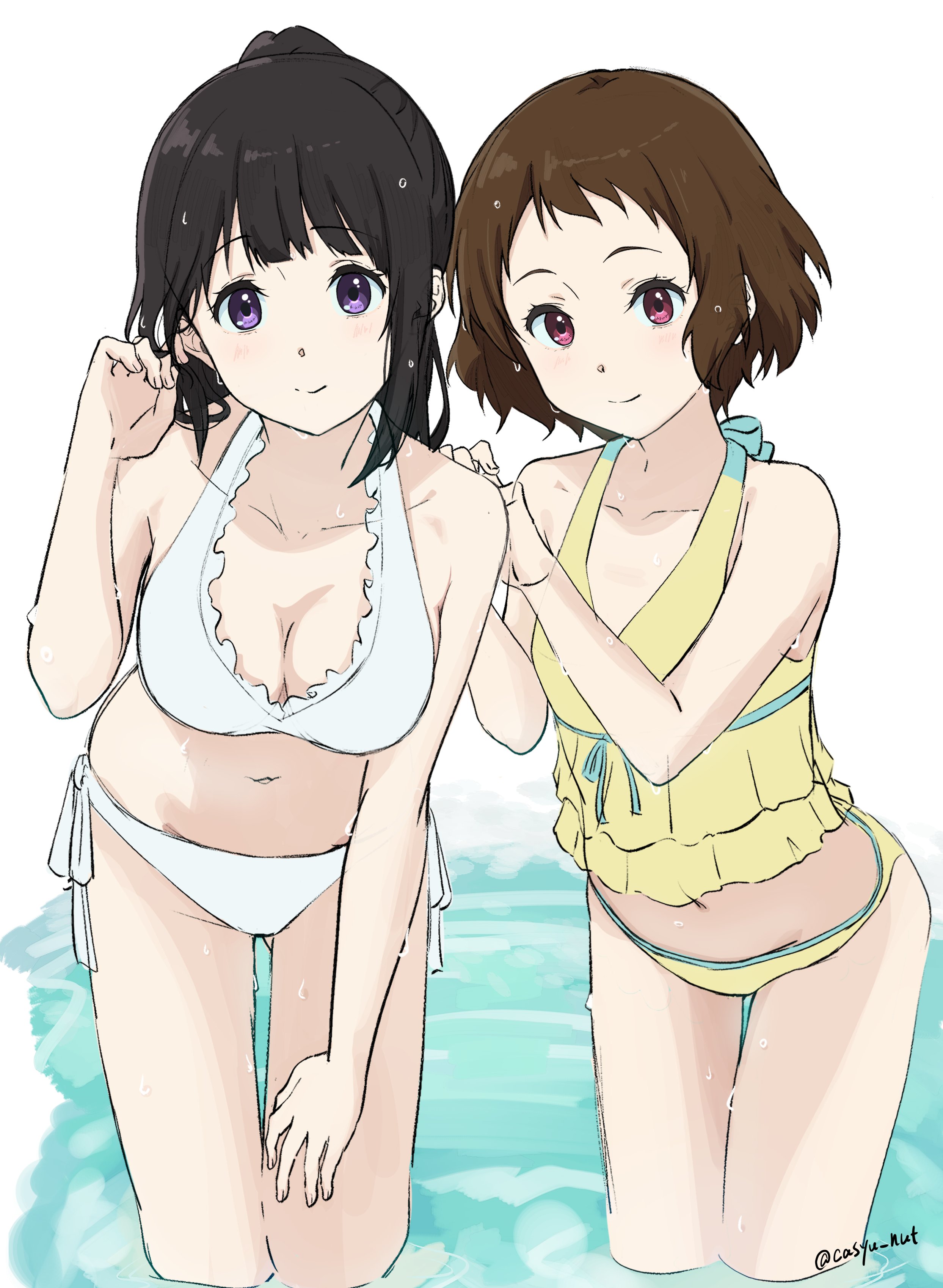 casyu nut, chitanda eru, ibara mayaka, hyouka, kyoto animation, absurdres, highres, 2girls, artist logo, bare arms, bare shoulders, bikini, black hair, blush, breasts, brown hair, cleavage, closed mouth, collarbone, logo, long hair, looking at viewer, medium breasts, multiple girls, navel, purple eyes, short hair, simple background, small breasts, smile, swimsuit, thighs, white bikini, yellow bikini