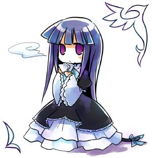 suzushiro kurumi, frederica bernkastel, umineko no naku koro ni, lowres, 00s, 1girl, blue hair, cat tail, chibi, female focus, frills, long hair, purple eyes, ribbon, solo, tail