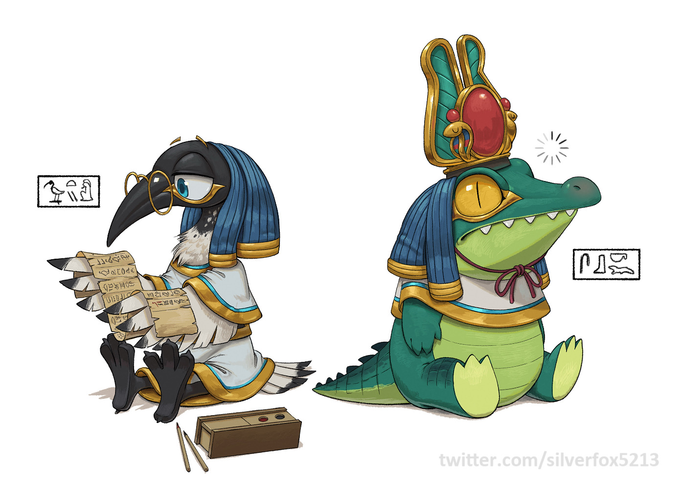 silverfox5213, sobek (mythology), thoth (mythology), egyptian mythology, artist name, beak, bird, blue eyes, crocodile, crocodilian, glasses, hieroglyphics, parchment, round eyewear, sitting, twitter username, watermark, web address