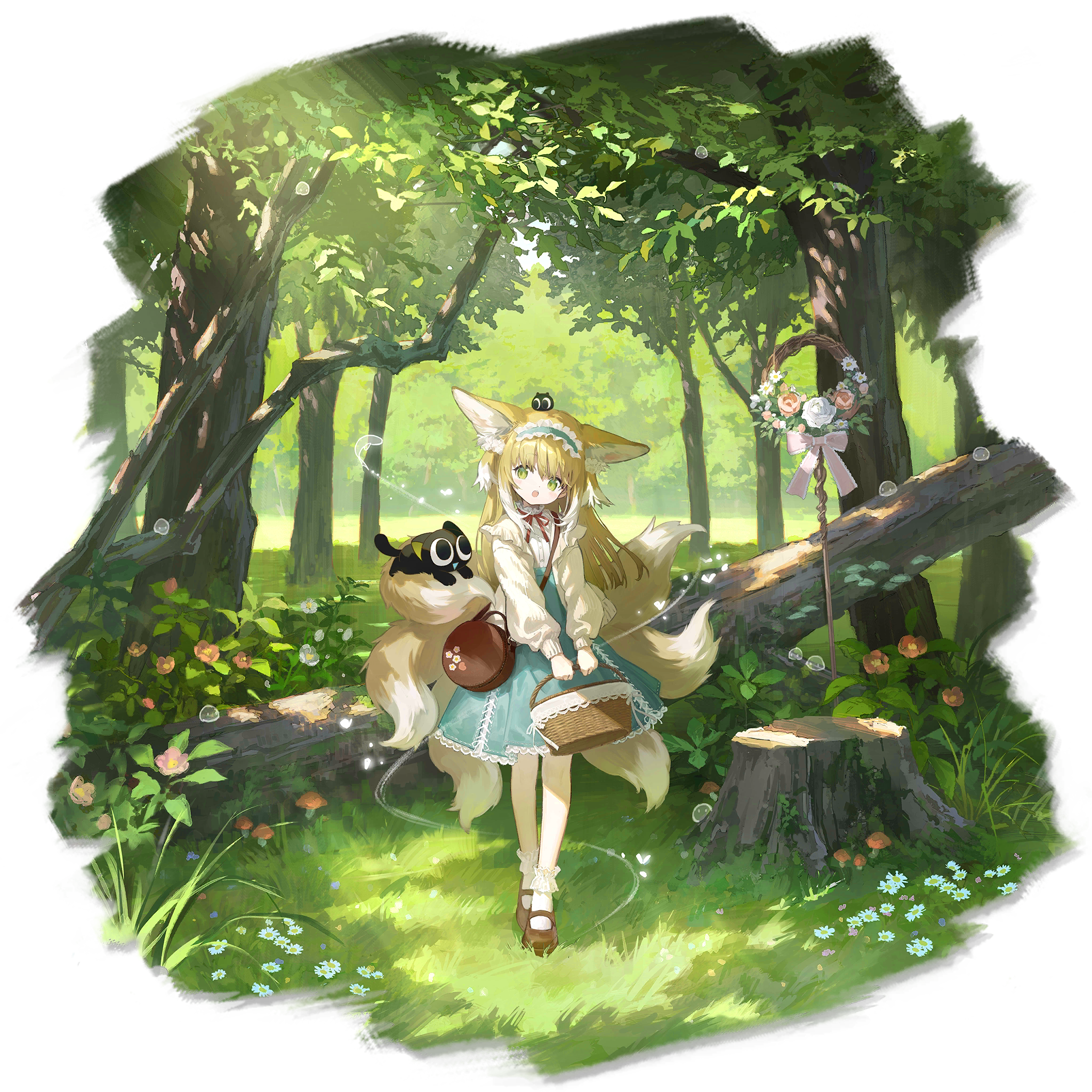 sho (sho lwlw), heixiu, luo xiaohei, luo xiaohei (cat), suzuran (arknights), suzuran (spring praise) (arknights), arknights, luo xiaohei zhanji, highres, non-web source, 1girl, animal ears, bag, basket, black cat, blonde hair, cat, flower, fox ears, fox girl, fox tail, green eyes, green theme, hair ornament, kitsune, kyuubi, long hair, mary janes, multiple tails, official alternate costume, shoes, solo, staff, tail, tree
