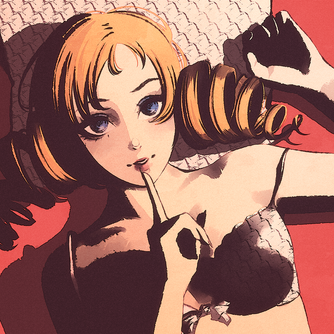 moshimoshibe, catherine (atlus character), catherine (game), 1girl, black bra, blonde hair, blue eyes, bra, breasts, drill hair, lingerie, medium breasts, red background, simple background, twin drills, underwear, underwear only