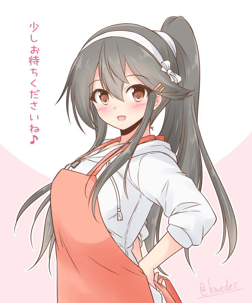 shizuna kaede, haruna (kancolle), kantai collection, commentary request, translated, 1girl, alternate costume, alternate hairstyle, apron, black hair, brown eyes, cowboy shot, grey hair, hairband, hood, hooded sweater, hoodie, long hair, looking at viewer, one-hour drawing challenge, orange apron, ponytail, solo, sweater, two-tone background, white hairband, white sweater