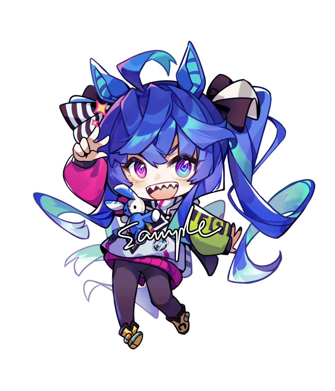 twin turbo (umamusume), umamusume, highres, 1girl, :d, @ @, ahoge, animal ears, arm up, black pantyhose, blue hair, boots, chibi, chibi only, full body, hair ribbon, horse ears, horse girl, horse tail, jacket, long hair, long sleeves, looking at viewer, open mouth, pantyhose, purple eyes, ribbon, sample watermark, sharp teeth, simple background, smile, solo, standing, stuffed animal, stuffed rabbit, stuffed toy, tail, teeth, twintails, upper teeth only, w, watermark, white background, white jacket, xing mang bei zhan le, yellow boots