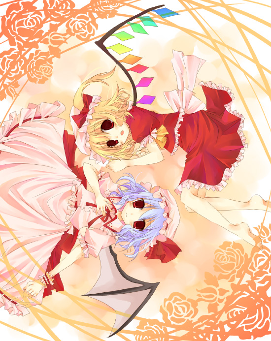 suzushiro kurumi, flandre scarlet, remilia scarlet, touhou, 2girls, bat wings, blonde hair, blue hair, female focus, flower, gradient background, hat, multiple girls, plant, ponytail, red eyes, short hair, siblings, sisters, skirt, wings