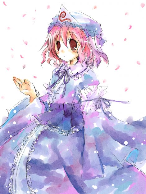 suzushiro kurumi, saigyouji yuyuko, touhou, 1girl, arm garter, blue dress, blush, cherry blossoms, dress, female focus, frills, hat, japanese clothes, long sleeves, mob cap, petals, pink eyes, pink hair, short hair, simple background, sketch, solo, tareme, triangular headpiece, white background