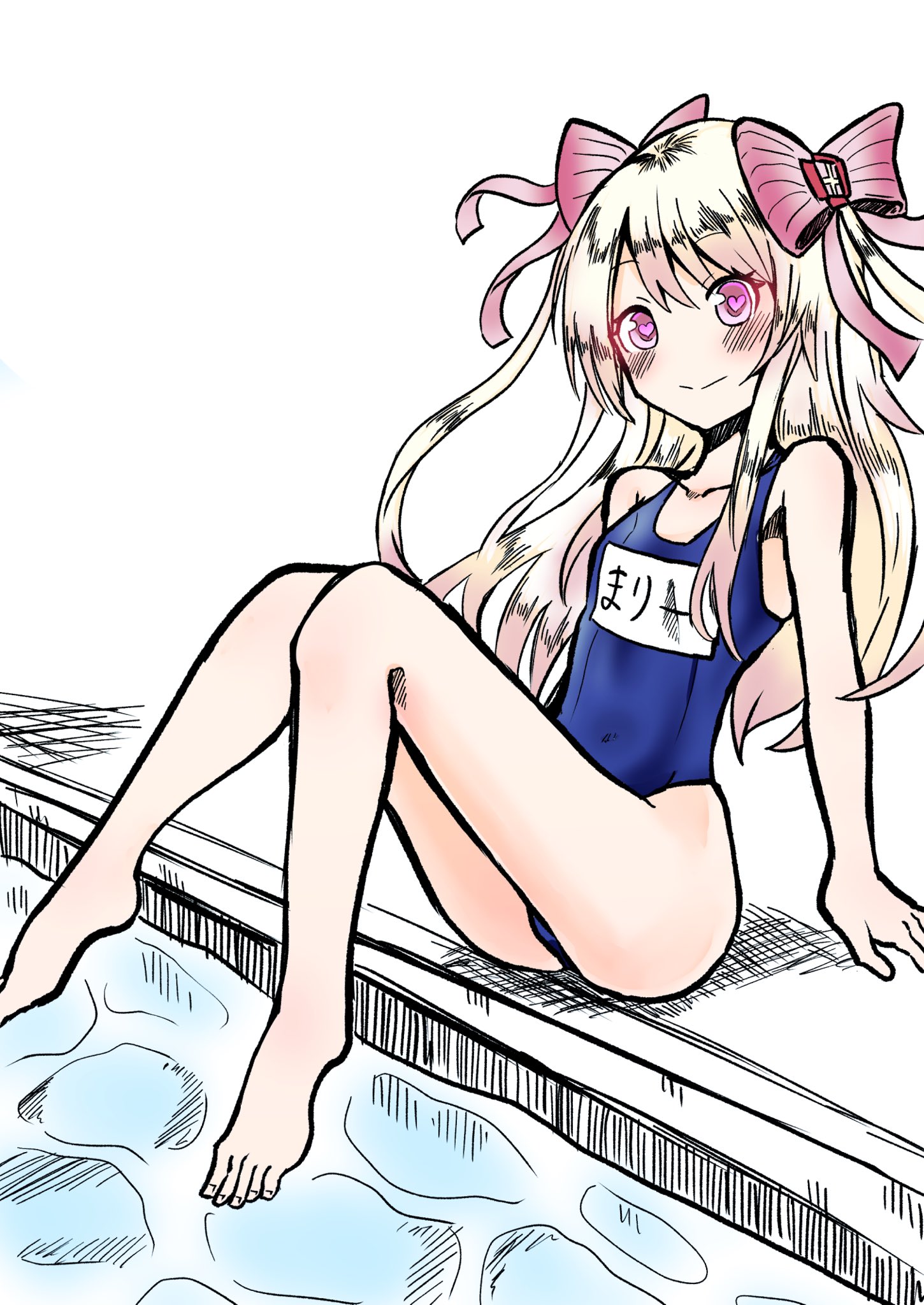 ginger ale (syouga 6383), chaos marie (grimms notes), grimms notes, closed mouth, looking at viewer, old school swimsuit, school swimsuit, sitting, smile, swimsuit