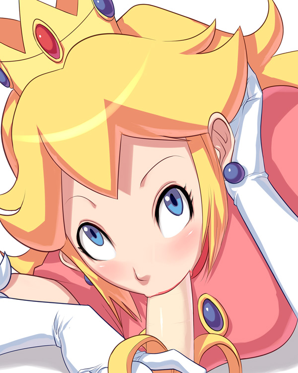 sawao, princess peach, mario (series), nintendo, super mario bros. 1, 1girl, :>=, banana, blonde hair, blue eyes, blush, crown, dress, earrings, elbow gloves, eye contact, fellatio, female focus, food, fruit, gloves, hat, jewelry, long hair, looking at another, oral, pov, princess, sexually suggestive, solo