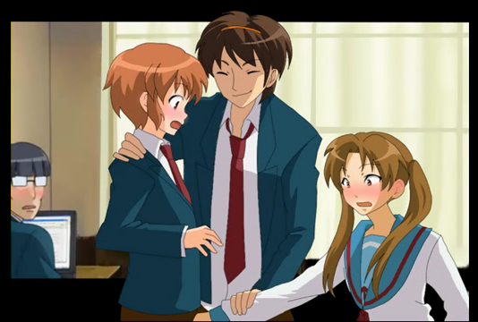 asahina mikuru, asahina mitsuru, computer club president (female) (suzumiya haruhi), computer club president (suzumiya haruhi), suzumiya haruhi, suzumiya haruhiko, suzumiya haruhi no yuuutsu, non-web source, 00s, 1girl, 3boys, black hair, blush, brown eyes, brown hair, closed eyes, computer, crotch grab, genderswap, genderswap (ftm), genderswap (mtf), glasses, guided crotch grab, guiding hand, hairband, long hair, multiple boys, necktie, open mouth, school uniform, serafuku, short hair, smile, twintails