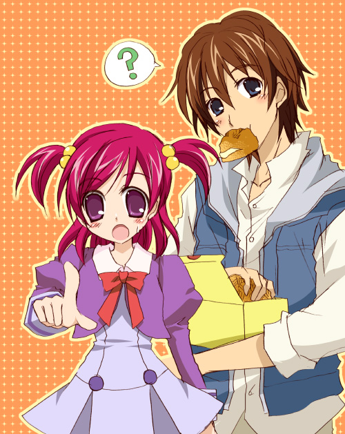 suzushiro kurumi, coco (precure 5), coco (yes! precure 5), kokoda kouji, yumehara nozomi, precure, yes! precure 5, 00s, 1boy, 1girl, ?, blue eyes, brown hair, couple, cream puff, eating, food, pink hair, pointing, pointing at viewer, purple eyes, purple skirt, school uniform, short hair, skirt