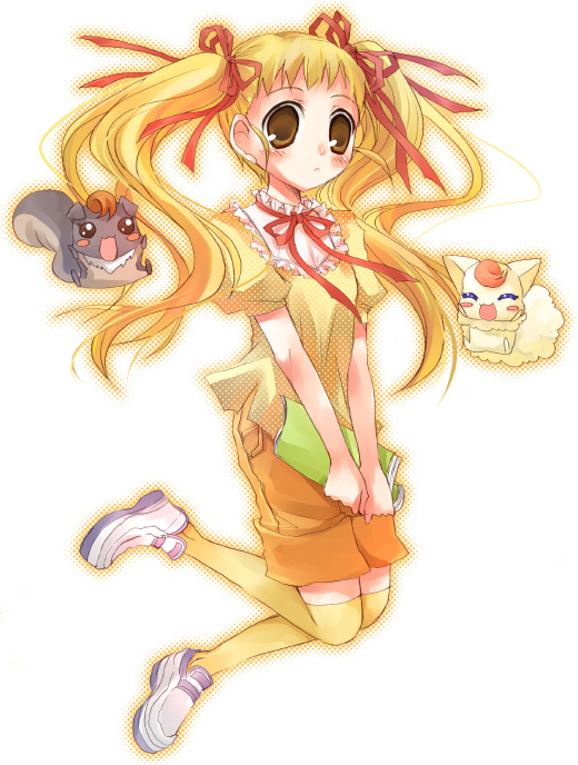 suzushiro kurumi, coco (precure 5), kasugano urara (yes! precure 5), nuts (yes! precure 5), ridley timberlake, precure, radiata stories, yes! precure 5, 00s, 1girl, animal, blonde hair, female focus, kneehighs, shoes, socks, solo, twintails, white shoes