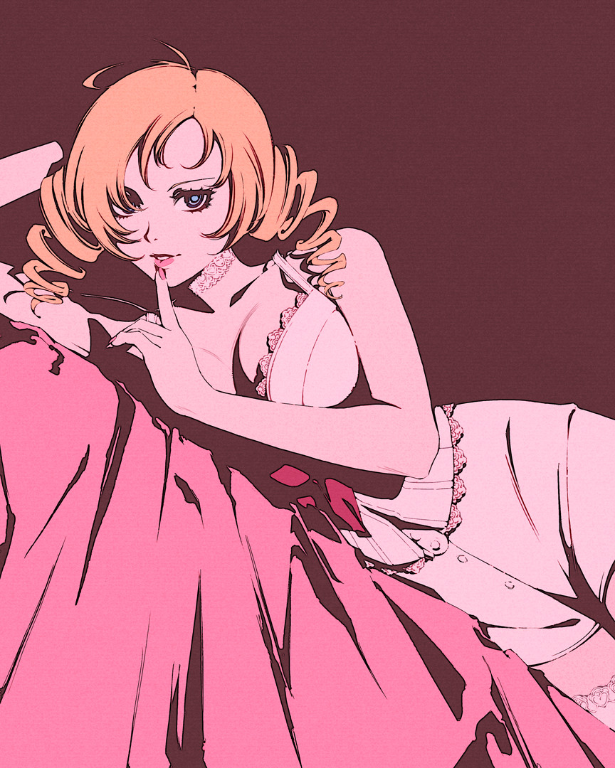 moshimoshibe, catherine (atlus character), 1girl, bed, bed sheet, blonde hair, blue eyes, breasts, choker, cleavage, dress, drill hair, finger to mouth, heart, large breasts, pink lips, shushing, simple background, smile, solo, twin drills, white dress