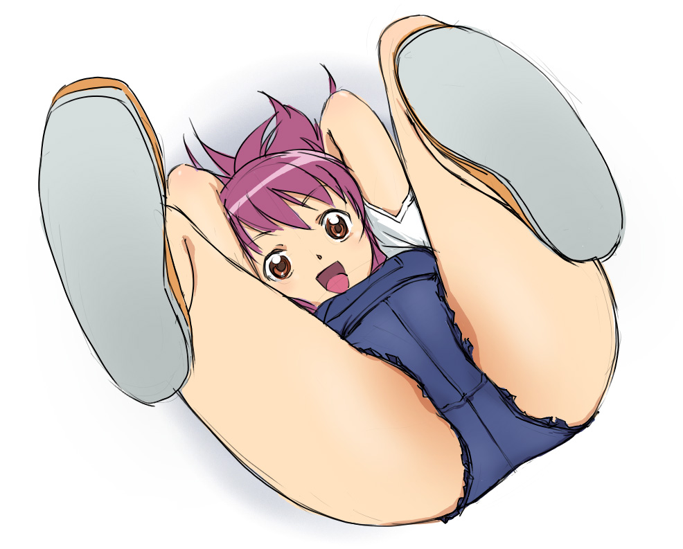 calpara, calpara shed, naegino sora, kaleido star, 00s, 1girl, ass, brown eyes, cameltoe, crotch, female focus, hair spread out, handstand, looking at viewer, open mouth, pink hair, shoes, solo