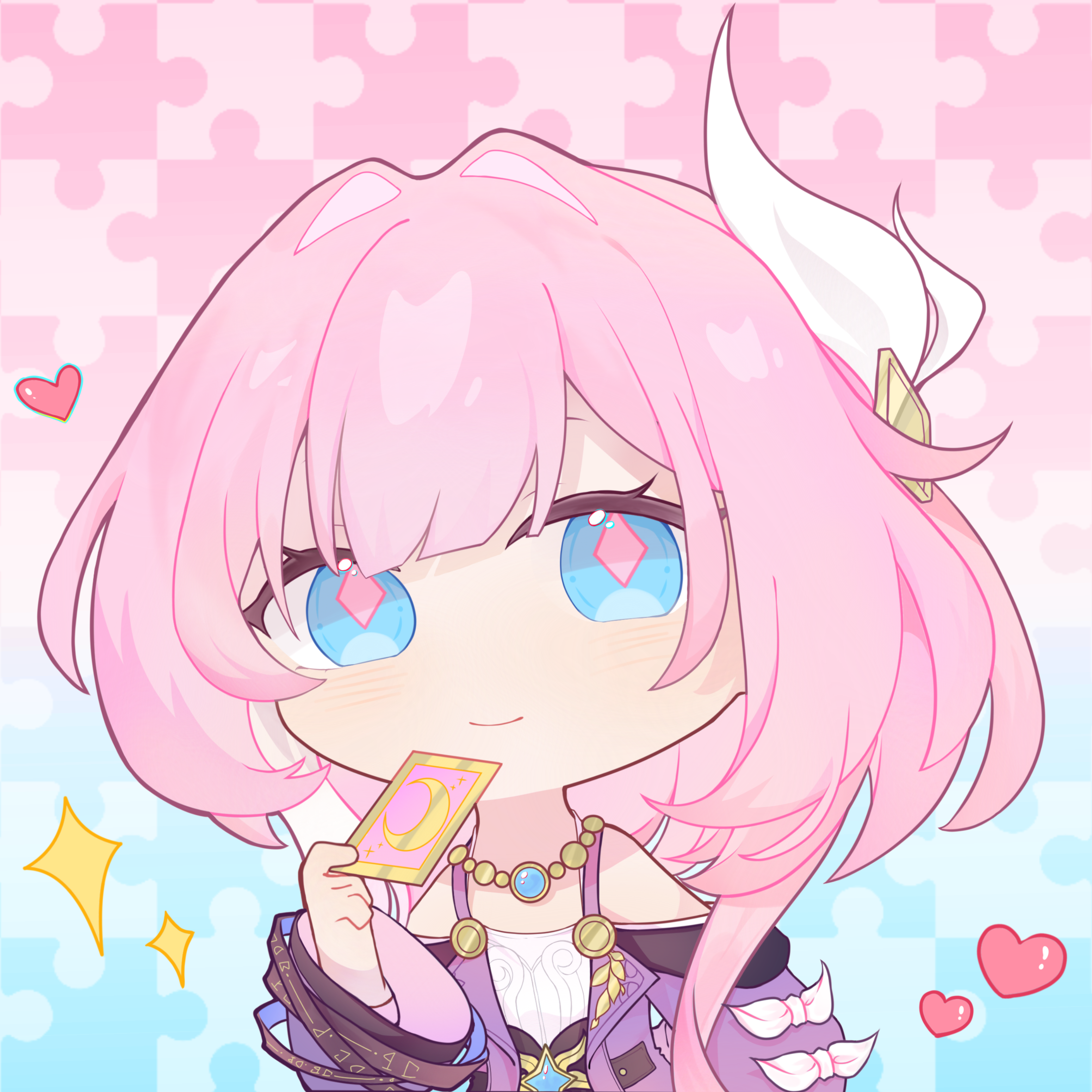cyrene (honkai: star rail), honkai: star rail, honkai (series), absurdres, highres, 1girl, bare shoulders, card, chibi, chibi only, coat, dress, heart, holding, holding card, jewelry, multicolored hair, necklace, pink hair, purple coat, short hair, smile, solo, star (symbol), tarot, tarot card, two-tone background, two-tone hair, white dress, white hair, yu guotie