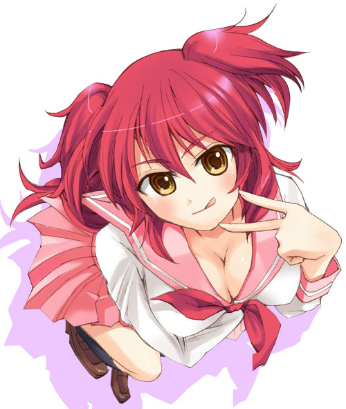 otabe sakura, nena trinity, gundam, gundam 00, 00s, 1girl, :p, :q, breasts, cleavage, female focus, large breasts, red hair, school uniform, serafuku, short twintails, solo, tongue, tongue out, twintails, two side up, v, yellow eyes