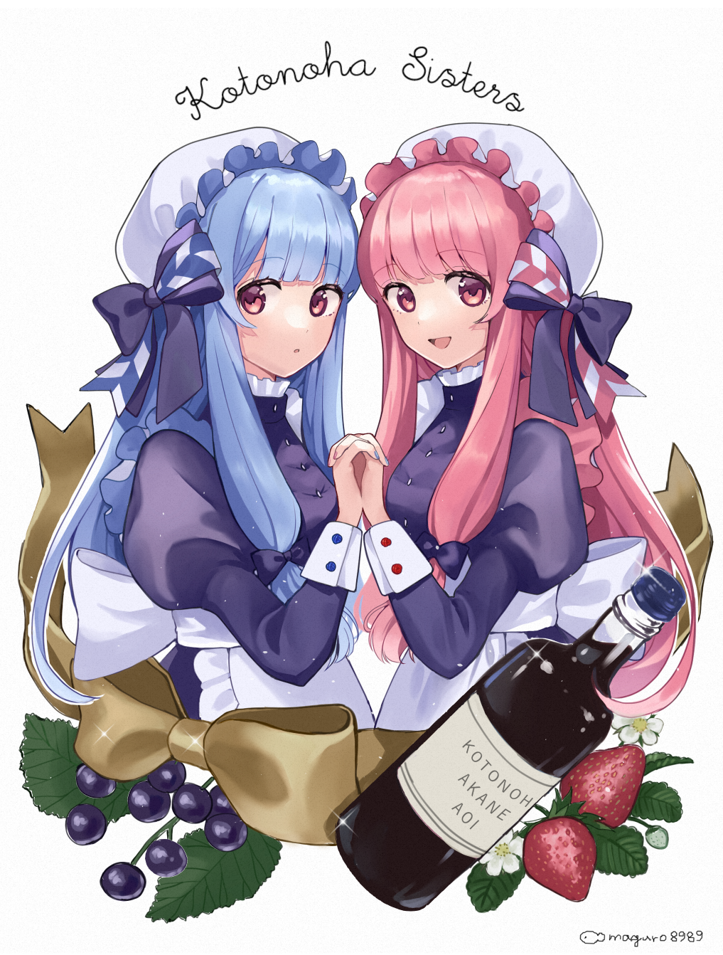 binchou maguro, kotonoha akane, kotonoha aoi, voiceroid, commentary request, highres, 2girls, alternate costume, apron, artist name, back bow, berry, black bow, black dress, blue hair, blunt bangs, bottle, bow, cropped torso, cursive, dress, english text, enmaided, food, from side, fruit, hair bow, hat, holding hands, interlocked fingers, juliet sleeves, long hair, long sleeves, looking at viewer, looking to the side, maid, maid apron, mob cap, multiple girls, open mouth, palms together, pink eyes, pink hair, puffy sleeves, ribbon, siblings, sidelocks, sisters, smile, strawberry, white bow, wine bottle