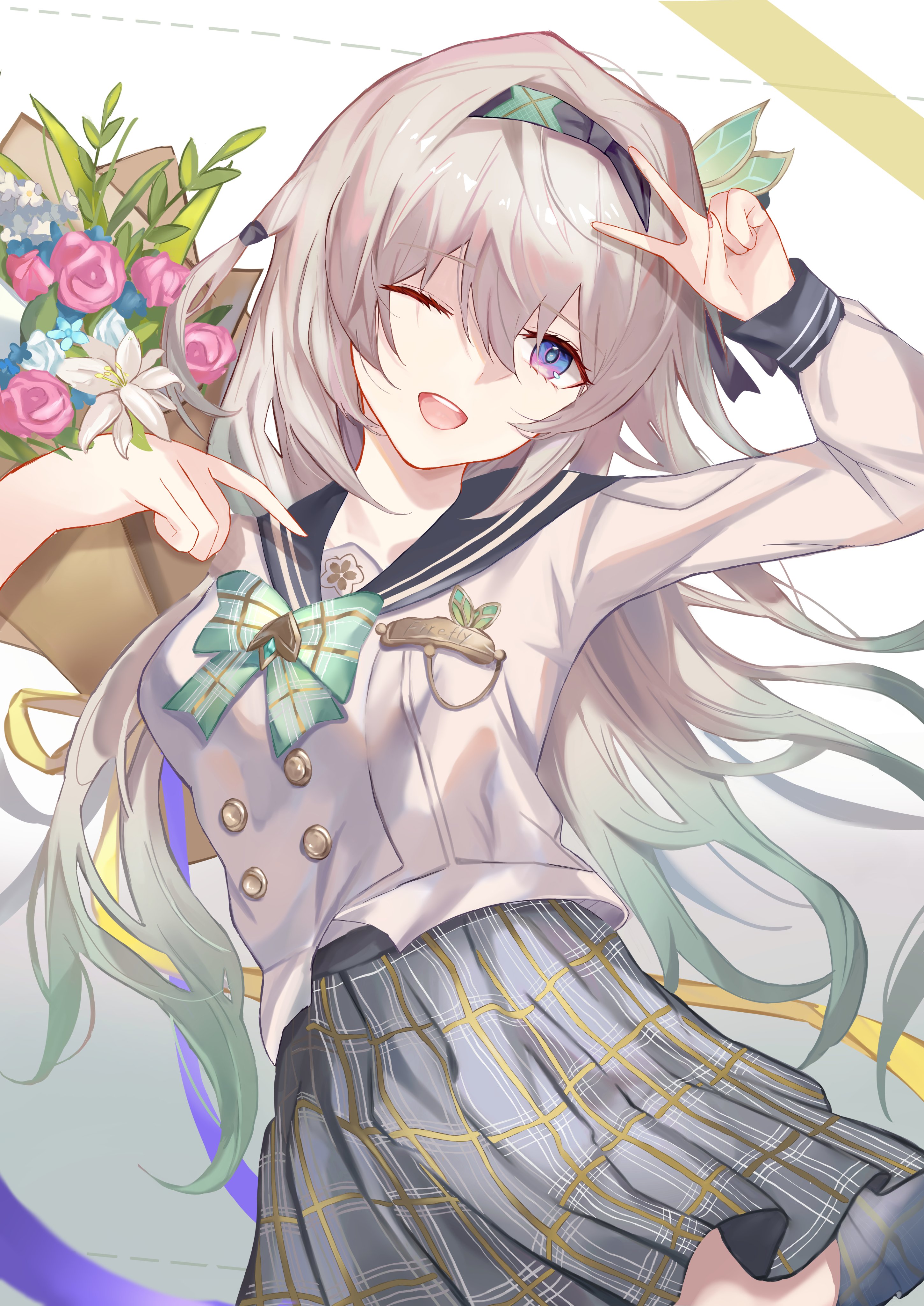 watage tanpopo, firefly (honkai: star rail), firefly (spring missive) (honkai: star rail), honkai: star rail, honkai (series), absurdres, highres, 1girl, black sailor collar, blue flower, bouquet, bow, bowtie, buttons, flower, gradient hair, green bow, green bowtie, green hair, grey hair, grey skirt, holding, holding bouquet, long hair, long sleeves, multicolored hair, one eye closed, open mouth, pink flower, plaid clothes, plaid skirt, purple eyes, sailor collar, shirt, skirt, solo, teeth, upper teeth only, v, white flower, white shirt