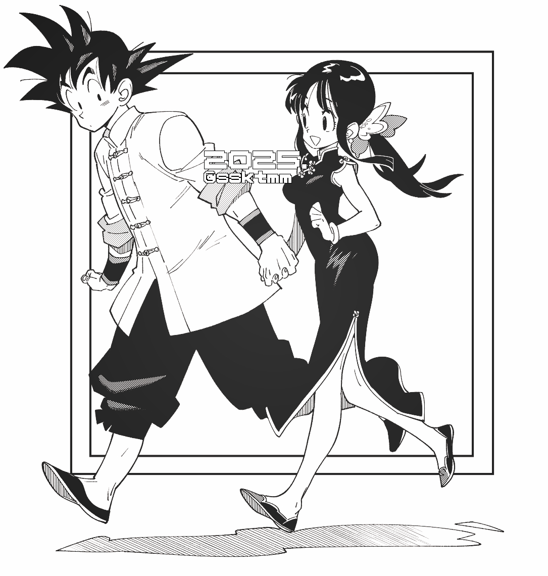 sasaki tomomi, chi-chi (dragon ball), son goku, dragon ball, dragon ball (classic), 1boy, 1girl, china dress, chinese clothes, dress, full body, halftone, holding hands, interlocked fingers, jacket, long hair, medium hair, monochrome, pants, spiked hair, walking