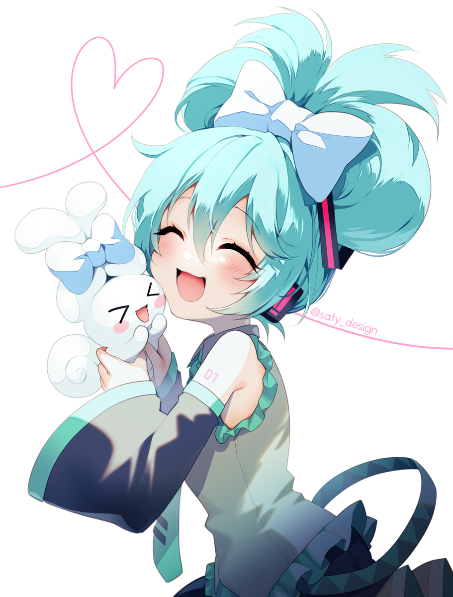 yukimichi (nieko), cinnamiku, cinnamoroll, hatsune miku, fuwa fuwa cinnamoroll, sanrio, vocaloid, commentary, highres, 1girl, :3, :d, ^ ^, bare shoulders, black skirt, black sleeves, blue bow, blue hair, blue necktie, blush, bow, closed eyes, collared shirt, detached sleeves, grey shirt, hair bow, heart, holding, long sleeves, necktie, number tattoo, open mouth, pleated skirt, shirt, short hair, shoulder tattoo, simple background, skirt, sleeveless, sleeveless shirt, smile, solo, tattoo, tie clip, twintails, twitter username, updo, upper body, white background