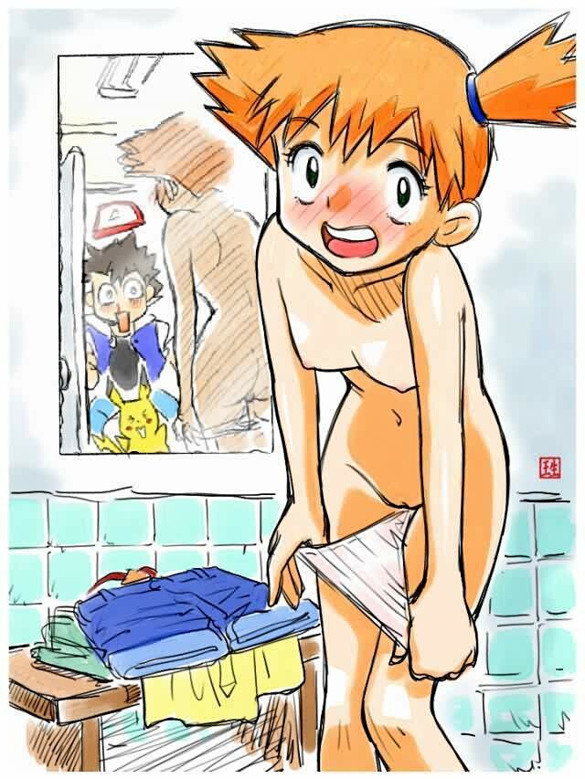ikurumi kaoru, ash ketchum, misty (pokemon), pikachu, nintendo, pokemon, pokemon (anime), jpeg artifacts, 1boy, 1girl, ass, blush, breasts, clothed male nude female, embarrassed, gen 1 pokemon, hat, hetero, mirror, navel, nipples, nude, orange hair, panties, panty pull, pokemon (creature), pussy, reflection, shirt, shorts, side ponytail, small breasts, uncensored, underwear, undressing, unworn hat, unworn headwear, unworn shirt, unworn shorts, walk-in