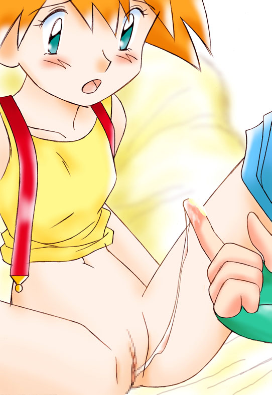 ash ketchum, misty (pokemon), nintendo, pokemon, pokemon (anime), 1boy, 1girl, blush, bottomless, censored, fingerless gloves, gloves, green eyes, hetero, mosaic censoring, navel, no panties, orange hair, pussy, pussy juice, pussy juice trail, shorts, shorts around one leg, shota, side ponytail, spread legs, suspenders