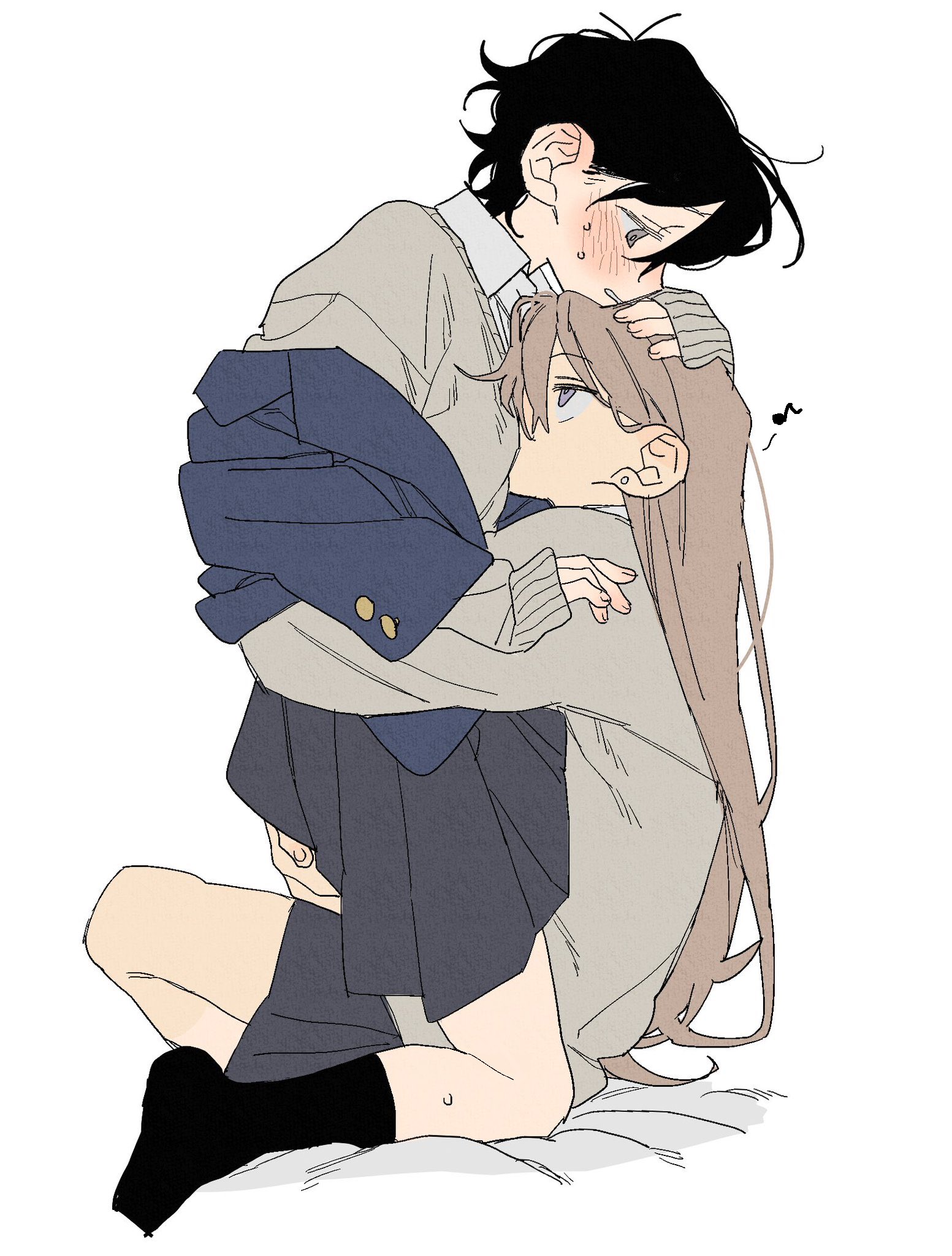 dayama, kaneko (bblogtinhan), original, highres, 2girls, between breasts, black hair, black socks, breasts, brown hair, collared shirt, face between breasts, head between breasts, hug, jacket, long hair, multiple girls, musical note, pleated skirt, school uniform, shirt, short hair, simple background, skirt, socks, sweat, sweater, white background, yuri