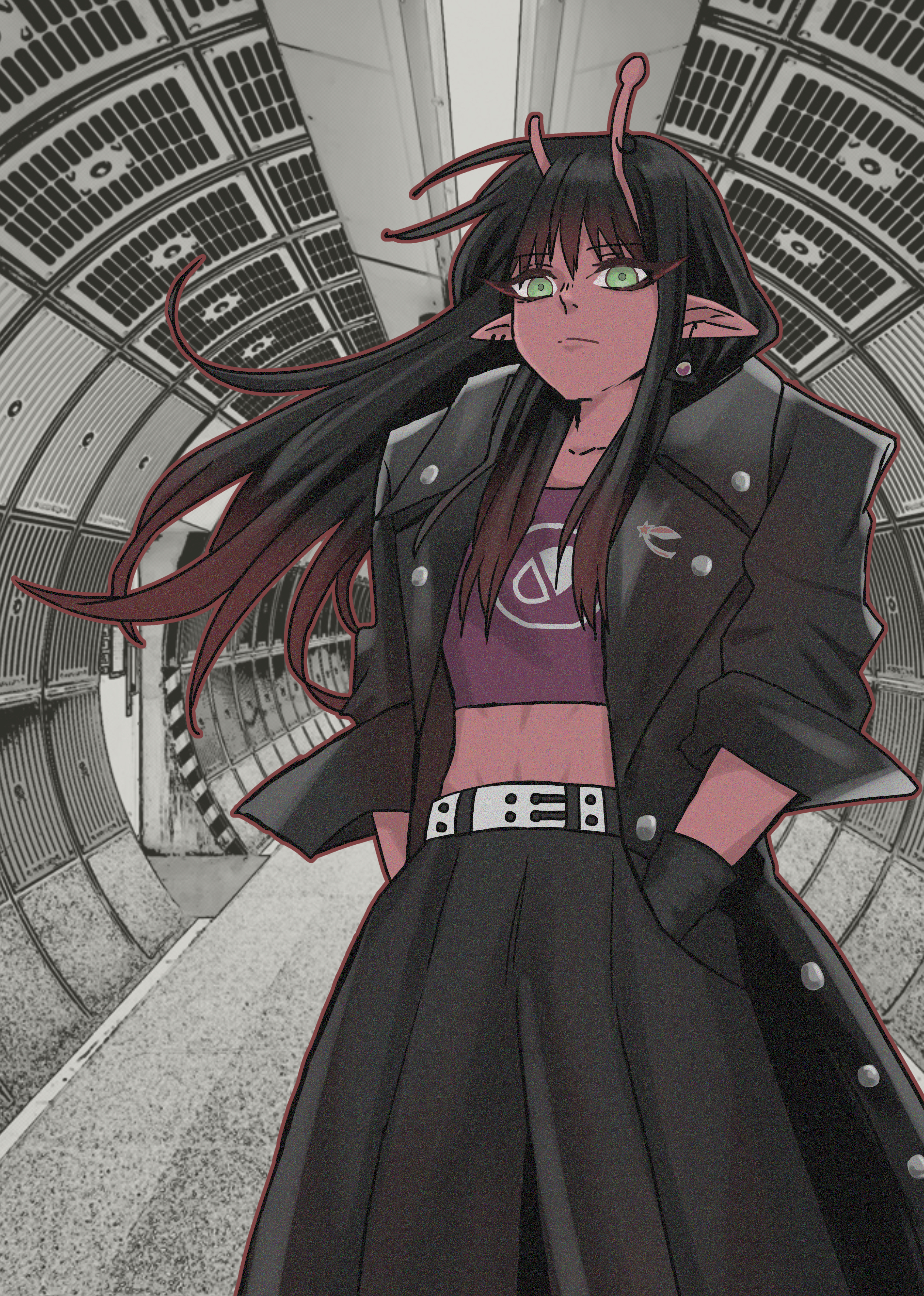 daidouji akane, milky galactic universe, milky subway, milky ☆ subway: the galactic limited express, highres, 1girl, antenna piercing, antennae, broken antenna, brown hair, coat, collarbone, colored skin, crop top, ear piercing, green eyes, jacket, leather, leather jacket, lineup, midriff, open clothes, open coat, piercing, pink skin, red skin, solo