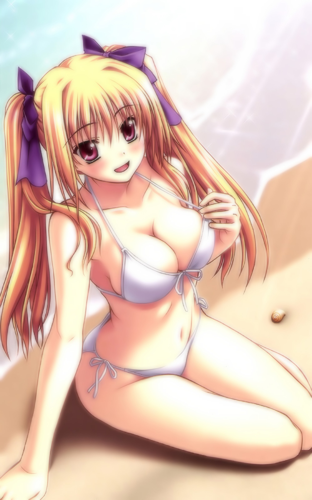 kannatsuki noboru, yugiri perserte, shinkyoku soukai polyphonica, highres, non-web source, 00s, 1girl, beach, bikini, blonde hair, blush, breasts, cleavage, day, female focus, hair ribbon, purple eyes, ribbon, side-tie bikini bottom, sitting, solo, swimsuit, thighs, twintails, white bikini