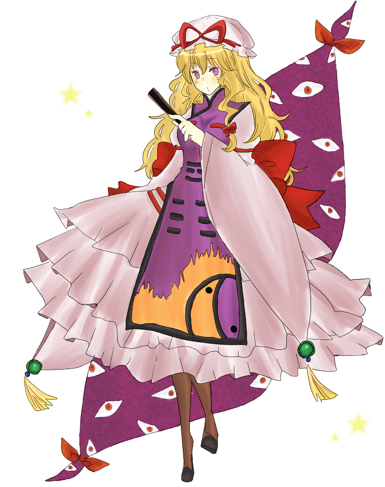 hana sumi, yakumo yukari, touhou, 1girl, bad anatomy, bad feet, blonde hair, female focus, folding fan, gap (touhou), hand fan, solo