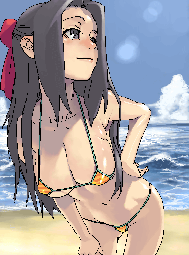 hijiri rei, original, lowres, 1girl, beach, bikini, black eyes, black hair, breasts, brown hair, cleavage, cloud, day, female focus, hair ribbon, large breasts, leaning forward, micro bikini, ocean, oekaki, outdoors, ribbon, sky, solo, striped bikini, striped clothes, swimsuit, underboob, water