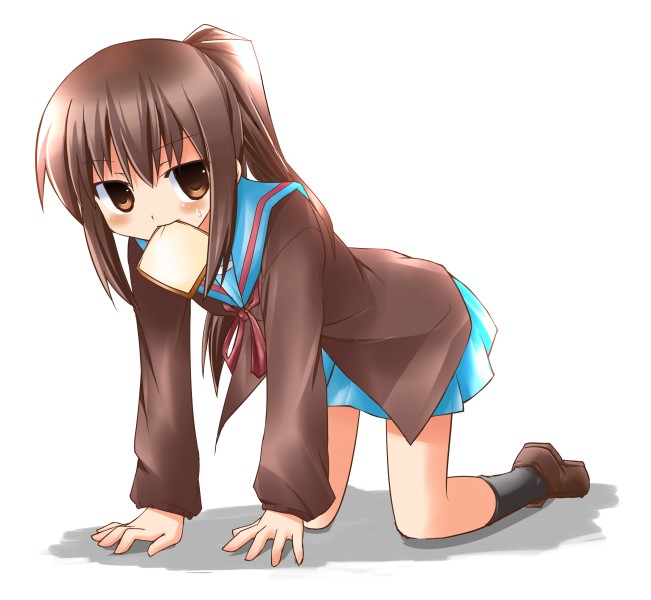 hoshi umi, kyon, kyonko, suzumiya haruhi no yuuutsu, gender request, 00s, 1girl, all fours, bread, bread slice, female focus, food, food in mouth, genderswap, long hair, looking at viewer, mouth hold, ponytail, school uniform, serafuku, simple background, solo, toast, toast in mouth, white background