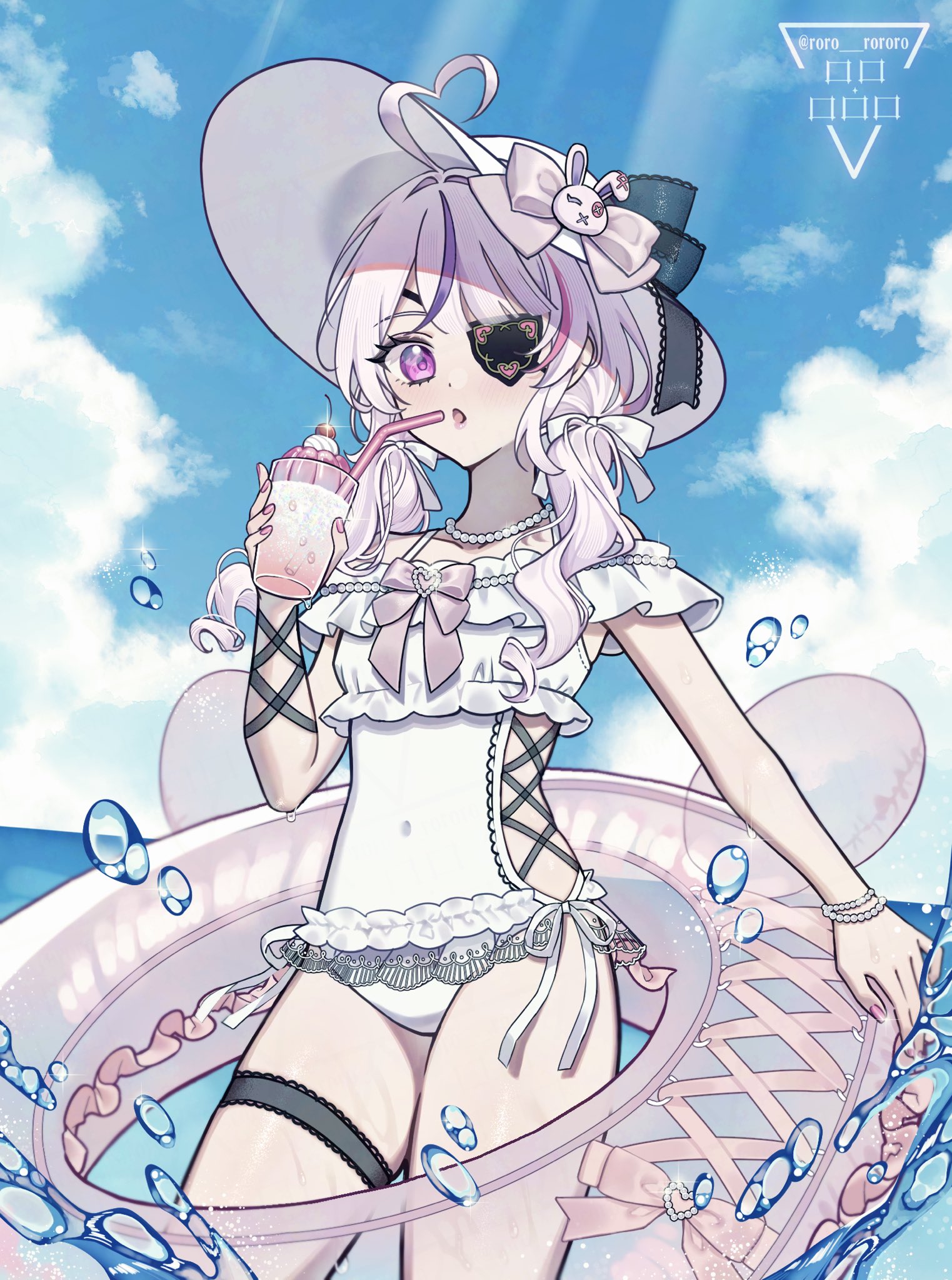 maria marionette, nijisanji, nijisanji en, highres, ahoge, beach, blue sky, bow, bowtie, bracelet, cloud, cloudy sky, cup, eyepatch, frilled one-piece swimsuit, frills, hat, heart, heart ahoge, holding, holding cup, holding swim ring, innertube, jewelry, looking at viewer, medium hair, milkshake, multicolored hair, ocean, one-piece swimsuit, pearl bracelet, pink bow, pink bowtie, pink hair, pink nails, purple hair, roro rororo, sky, splashing, streaked hair, sun hat, sunlight, swim ring, swimsuit, thigh strap, twitter username, virtual youtuber, white one-piece swimsuit