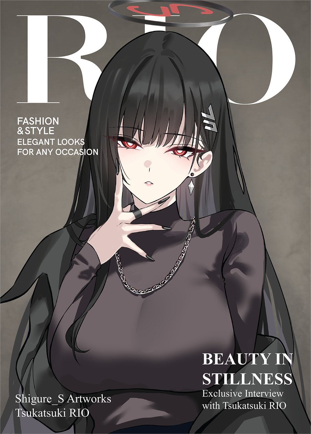 shigure s, rio (blue archive), blue archive, highres, second-party source, 1girl, alternate costume, black hair, black halo, black nails, breasts, cover, earrings, english text, fake magazine cover, hair ornament, hairpin, halo, hands on own face, jewelry, long hair, looking at viewer, magazine cover, millennium science school logo, necklace, off shoulder, red eyes, solo, turtleneck