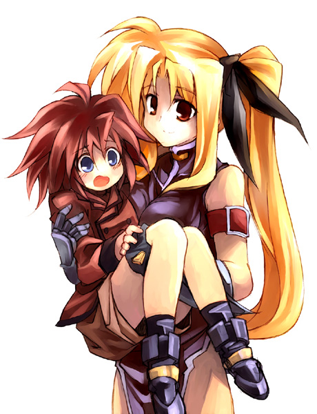 kouno hikaru, erio mondial, fate testarossa, lyrical nanoha, mahou shoujo lyrical nanoha, mahou shoujo lyrical nanoha strikers, 00s, 1boy, 1girl, armlet, bare shoulders, black dress, blonde hair, buckle, carrying, cowboy shot, dress, full body, jewelry, long hair, looking at viewer, princess carry, red dress, skin tight, twintails, very long hair